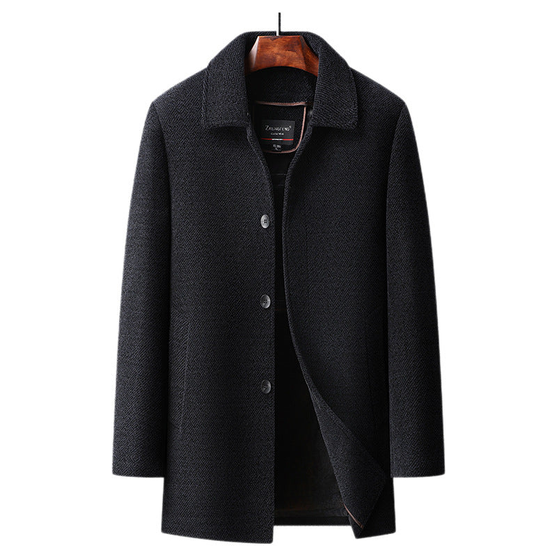 Black mid-length single-breasted men's coat regular fit classic collar for work and weekends