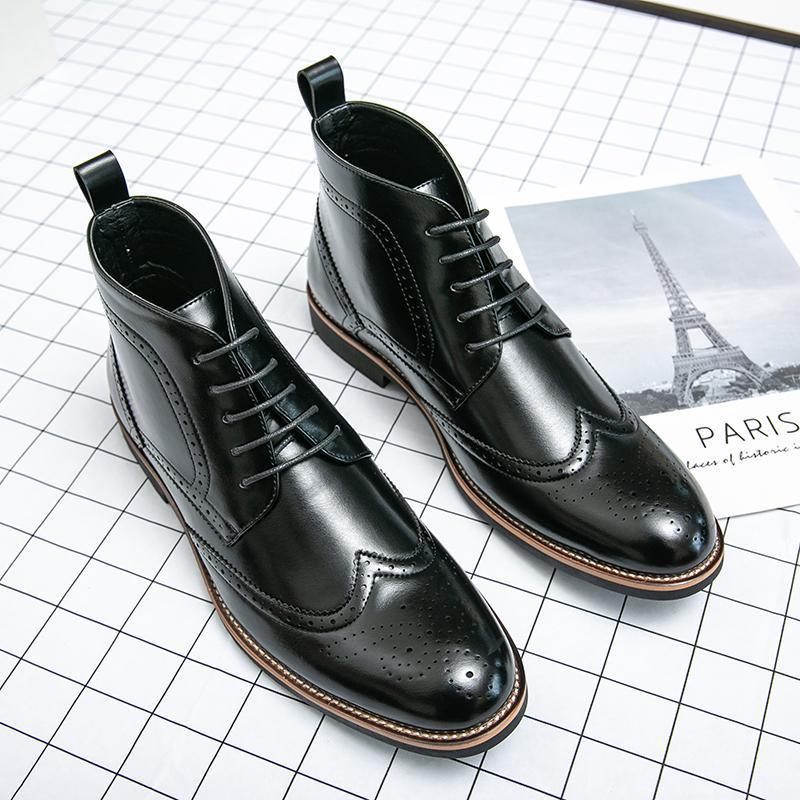 Men's brown PU leather wingtip brogue boots with full perforations smart casual elevation