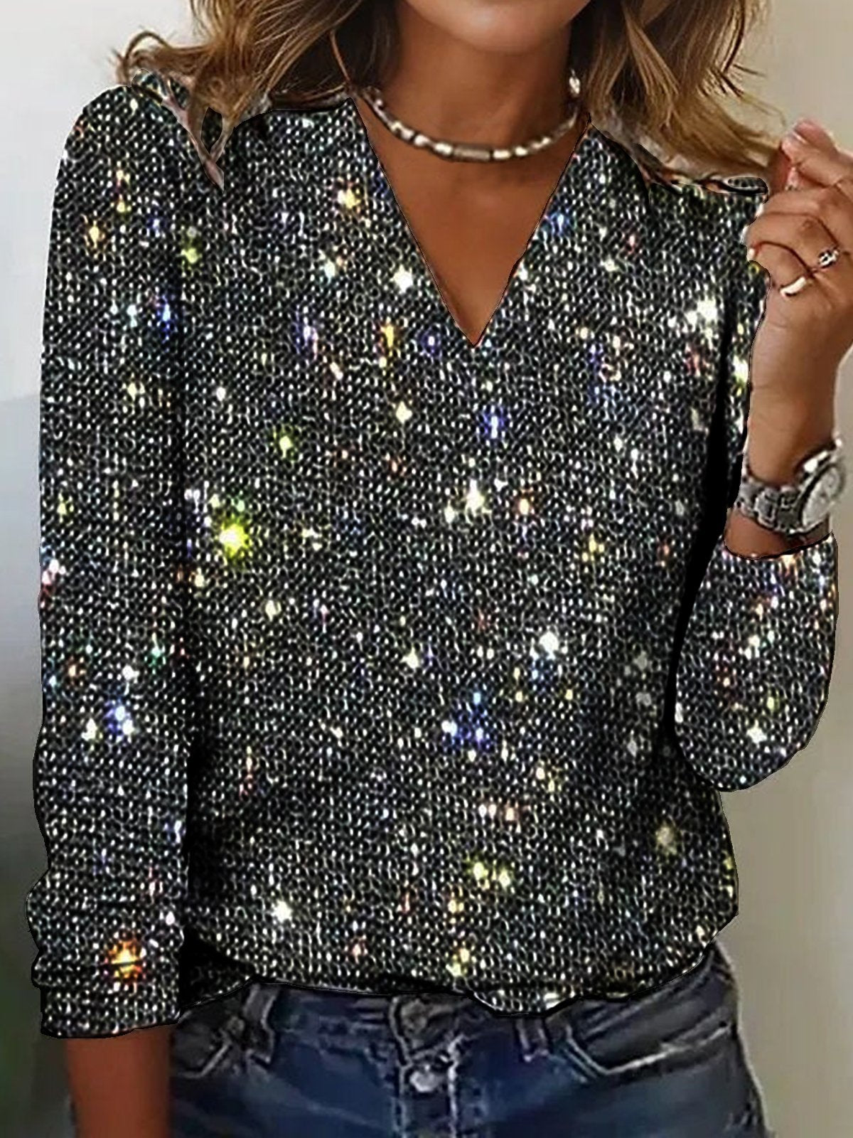 Women's shimmer textured knit V-neck blouse long sleeve regular fit chic day-to-night top