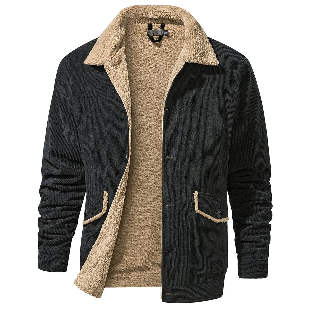 Men's olive green relaxed fit fleece jacket with button front closure and patch pockets