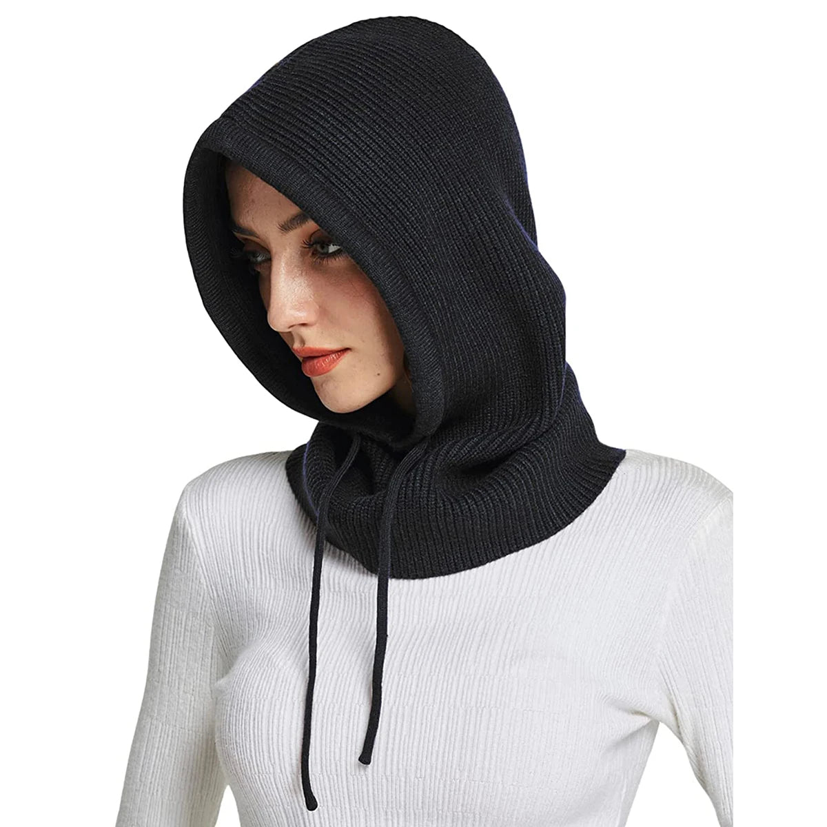 Women's ribbed wool balaclava with adjustable drawstring, close-fit full coverage winter headwear