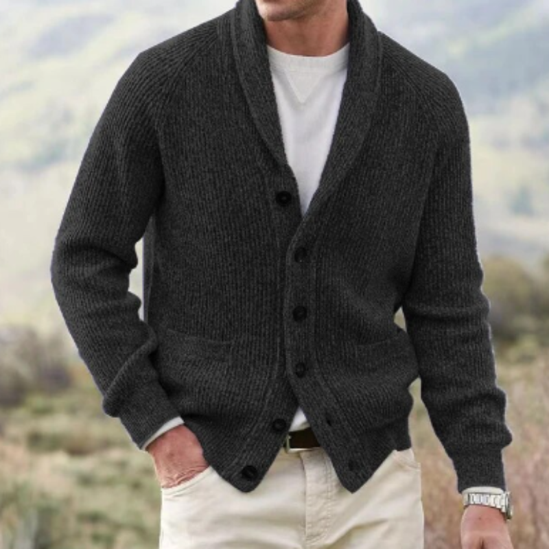 Men's shawl collar cardigan knit sweater with button closure and front pockets in classic style