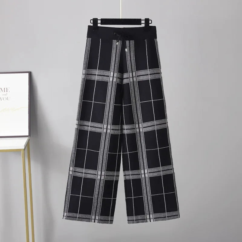 Women's plaid wide-leg palazzo trousers, high-waisted cotton knit with flattering structured silhouette