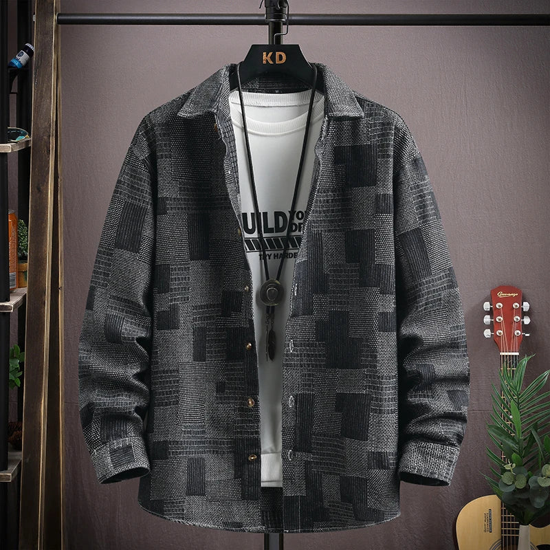 Unisex patchwork denim shirt relaxed fit lightweight cotton blend with snap closure