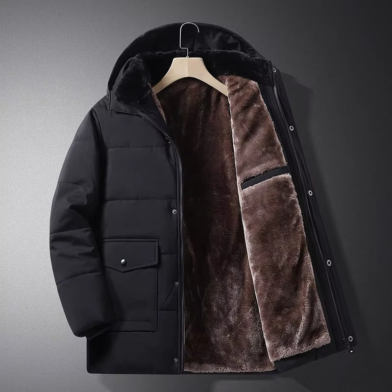 Hudson black puffer jacket fur-lined poly-down shell tailored cold-weather winter coat