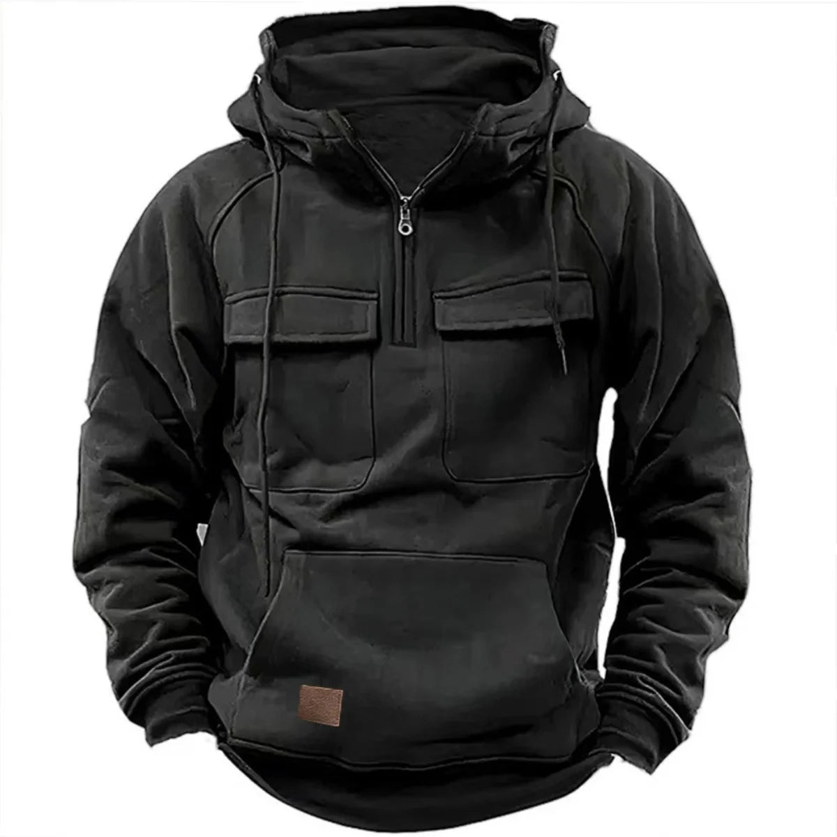 Heavyweight quarter-zip hoodie in sueded fleece with dual chest cargo pockets for urban utility