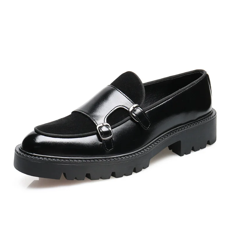 Valemont velvet suede and gloss leather monk strap loafer with dual straps and lug sole