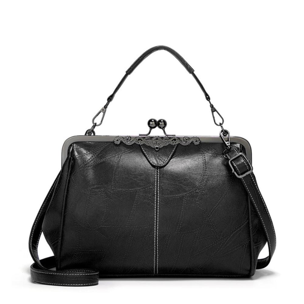 Jacqueline structured faux leather handbag in neutral tone with vintage clasp closure and adjustable strap