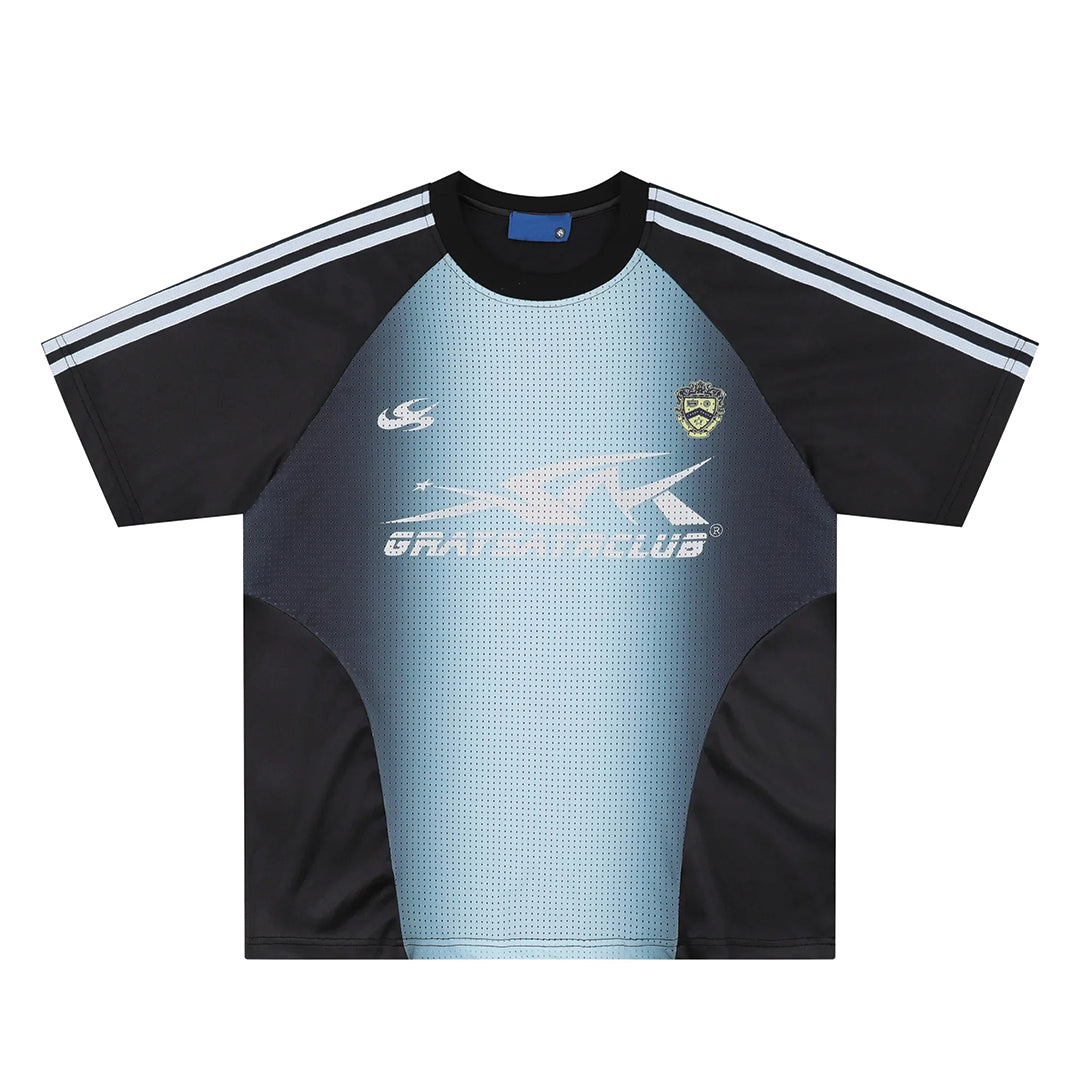 Velocity Gradient Club Jersey bold gradient fade striped sleeves retro athletic streetwear tee