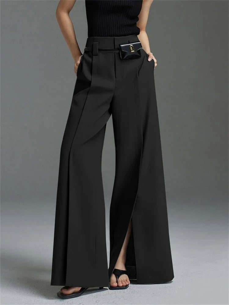 Black high-waisted wide-leg trousers with split front detail, wrinkle-resistant fabric for women