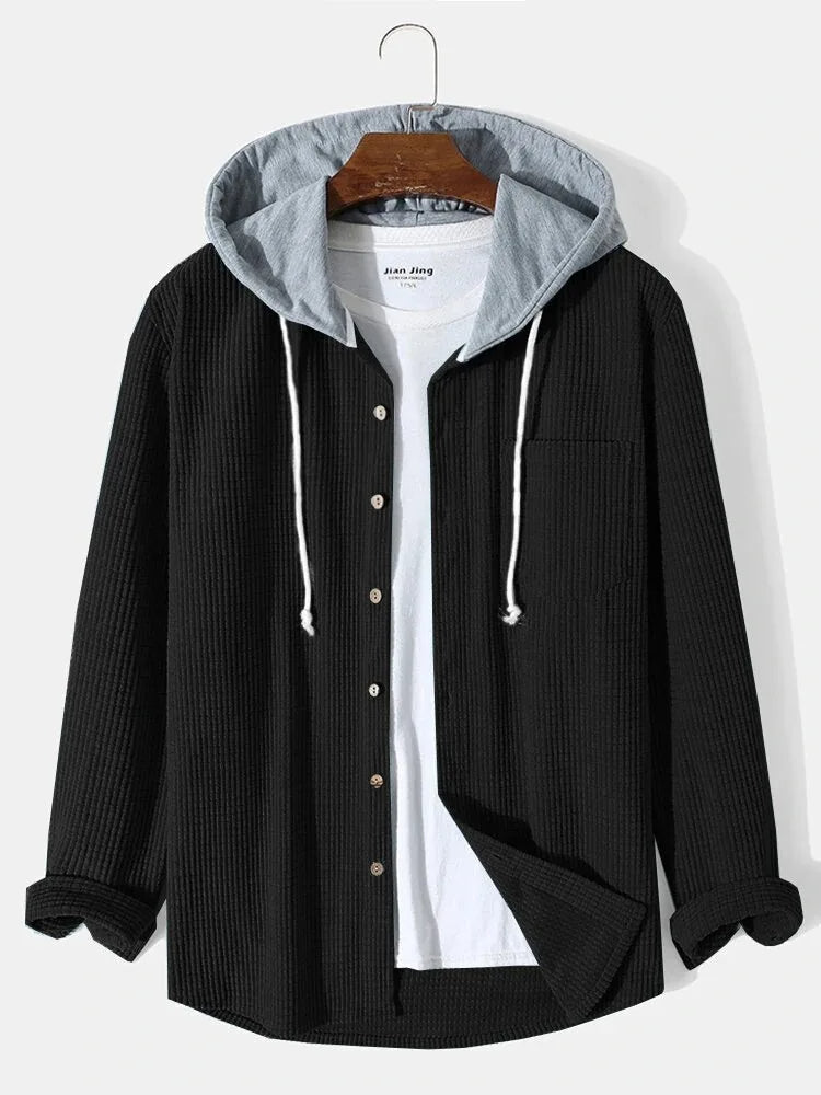 Men's relaxed waffle knit hoodie shirt in neutral cotton blend with textured fabric and built-in hood