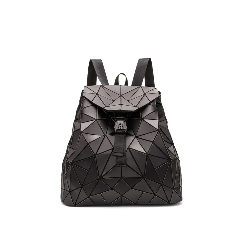 Holographic backpack with geometric design, iridescent color-shifting finish and spacious interior