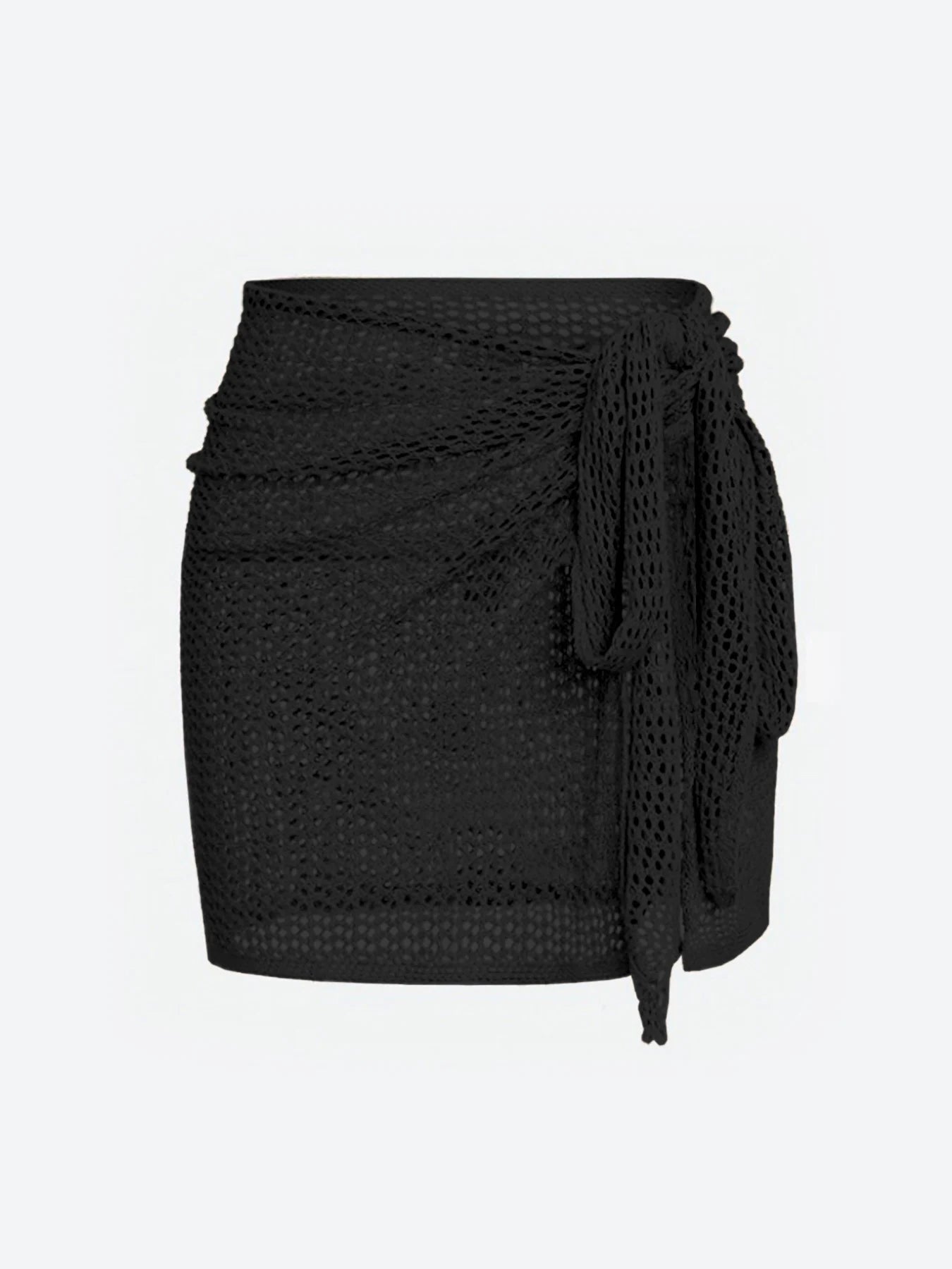 Women's sheer black open-knit mesh beach cover-up skirt with adjustable tie waist