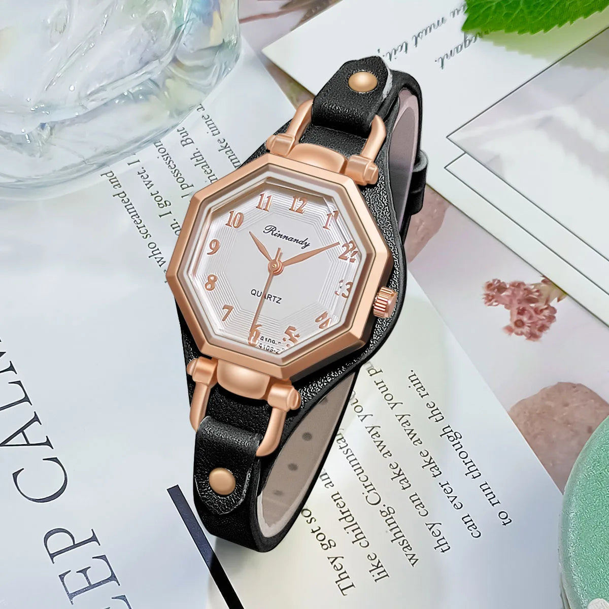 Bellezza Montre rose gold hexagon case women's quartz watch with leather strap