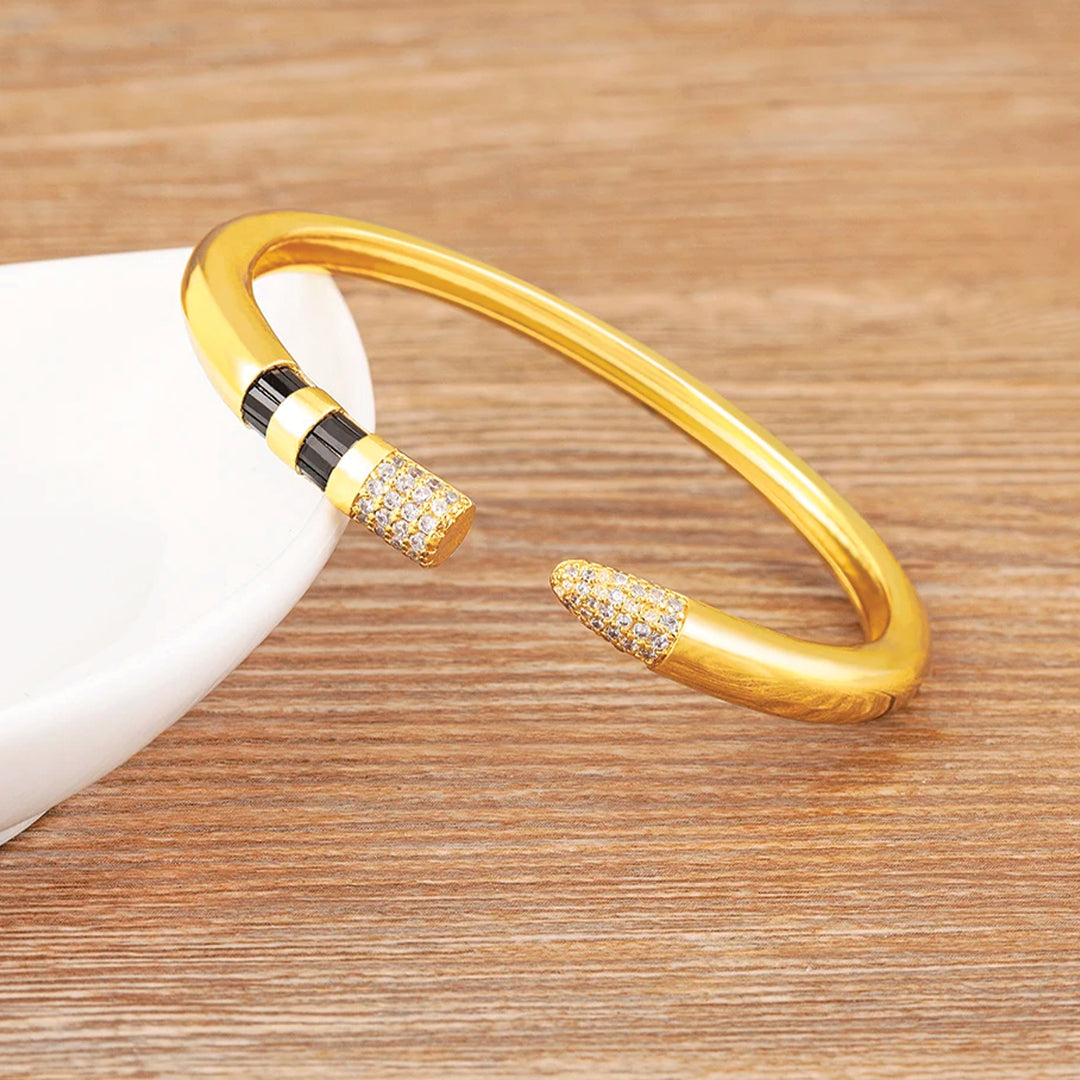 Gold plated pencil cuff bracelet with cubic zirconia inlays adjustable unisex minimalist bangle