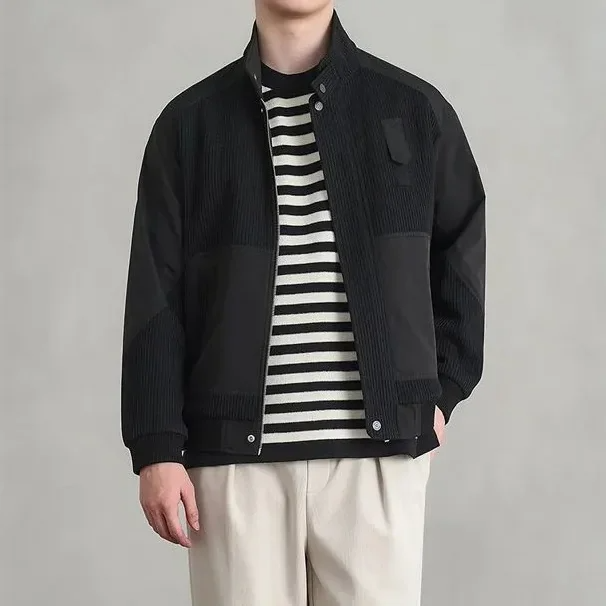 Hybrid bomber jacket in corduroy and woven panels, stand collar, asymmetrical strap, urban style
