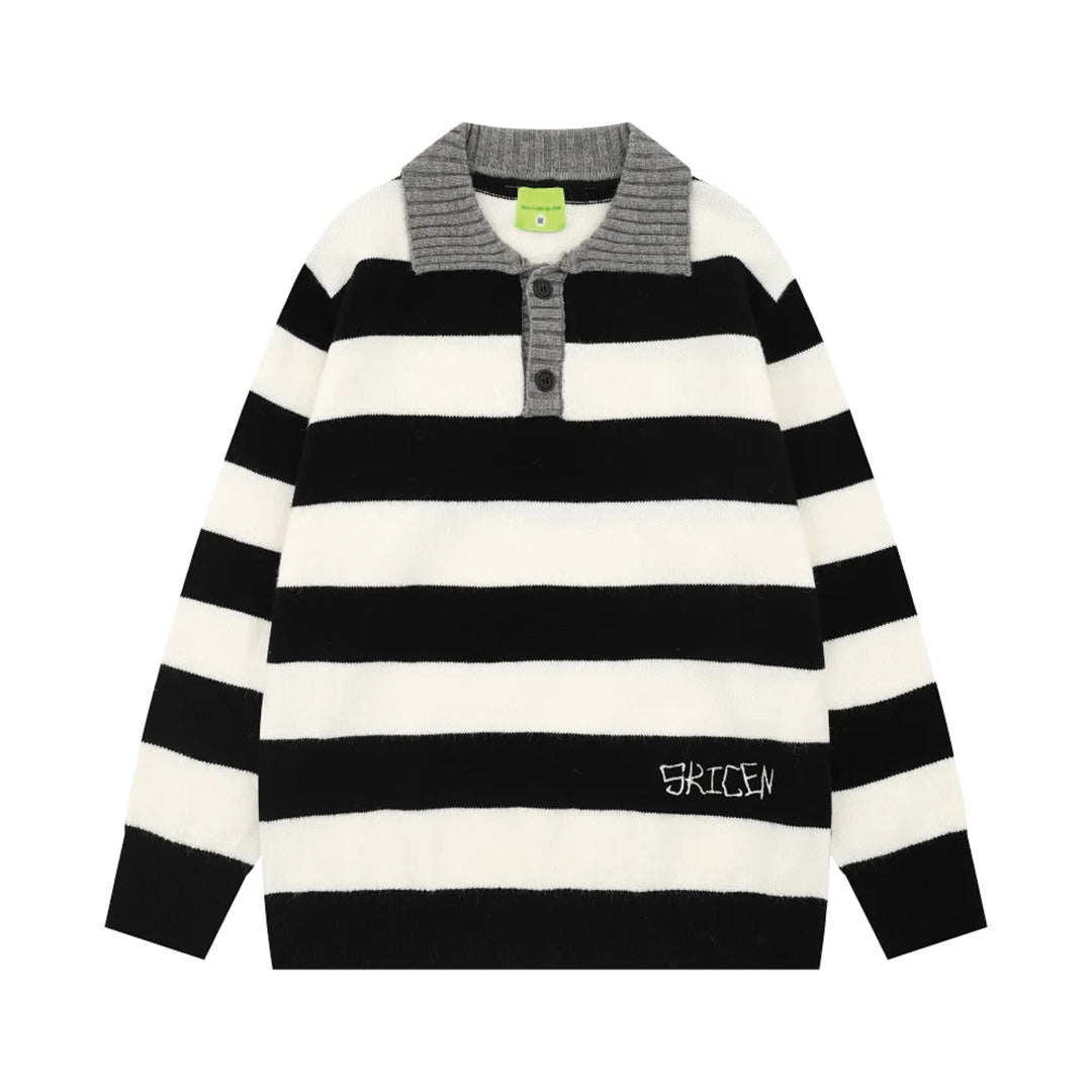 Men's wool blend rugby knit shirt striped turn-down collar loose fit warm artisanal knitwear