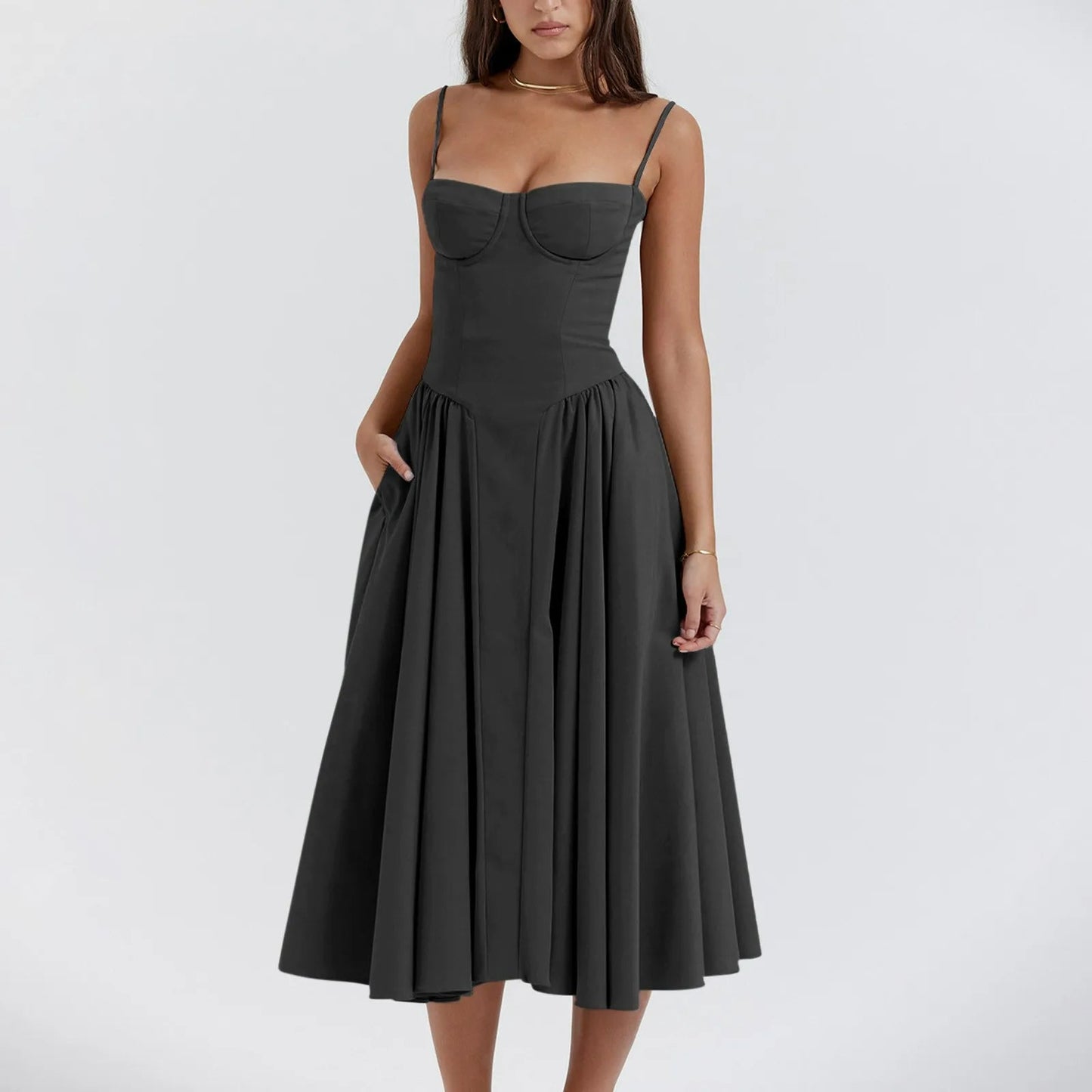 Elegant vintage corset cocktail midi dress with sculpted bustier bodice and pleated full skirt