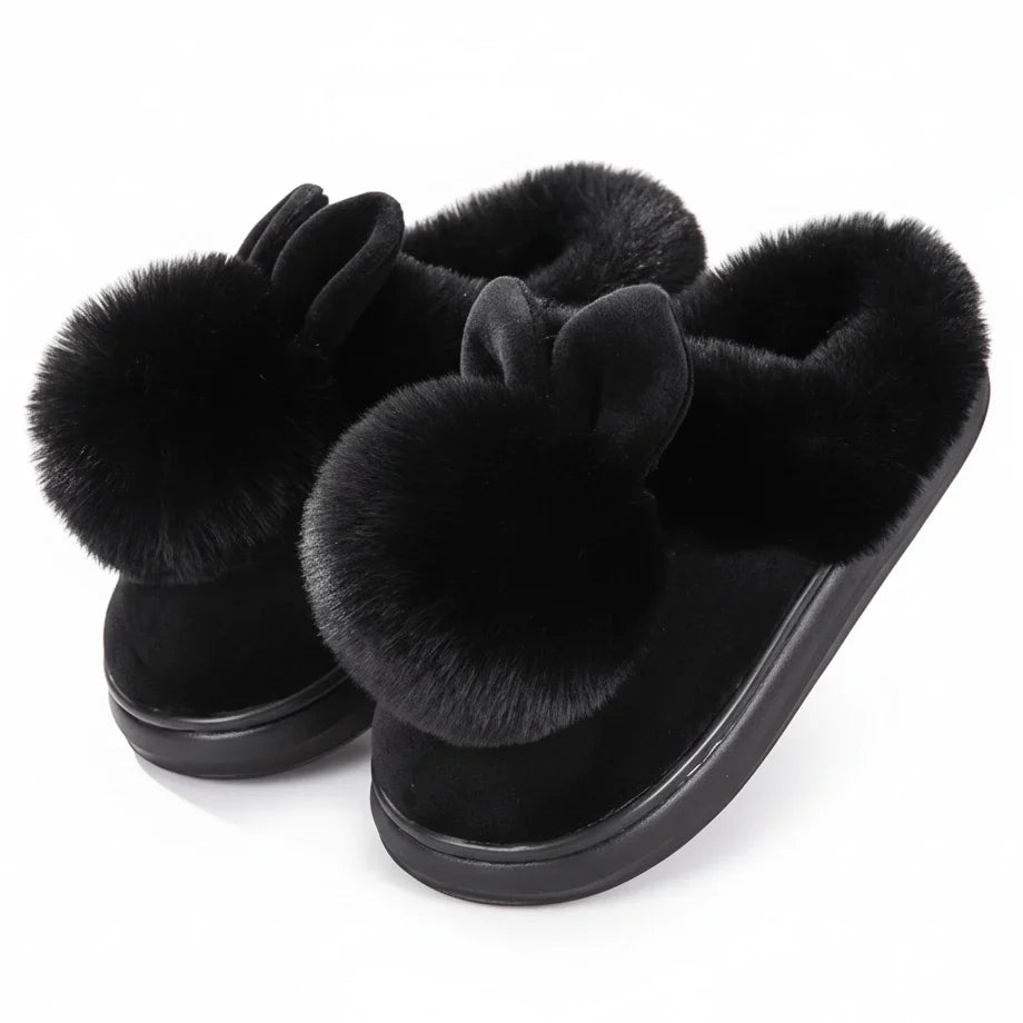 Women's ivory plush slip-on slippers with cozy fur trim and playful bunny ears for home warmth