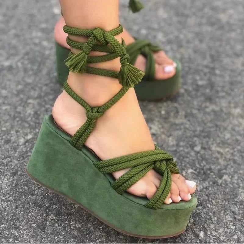 Women's vegan suede open-toe platform wedge sandals with lace-up rope-tie straps, bold summer style