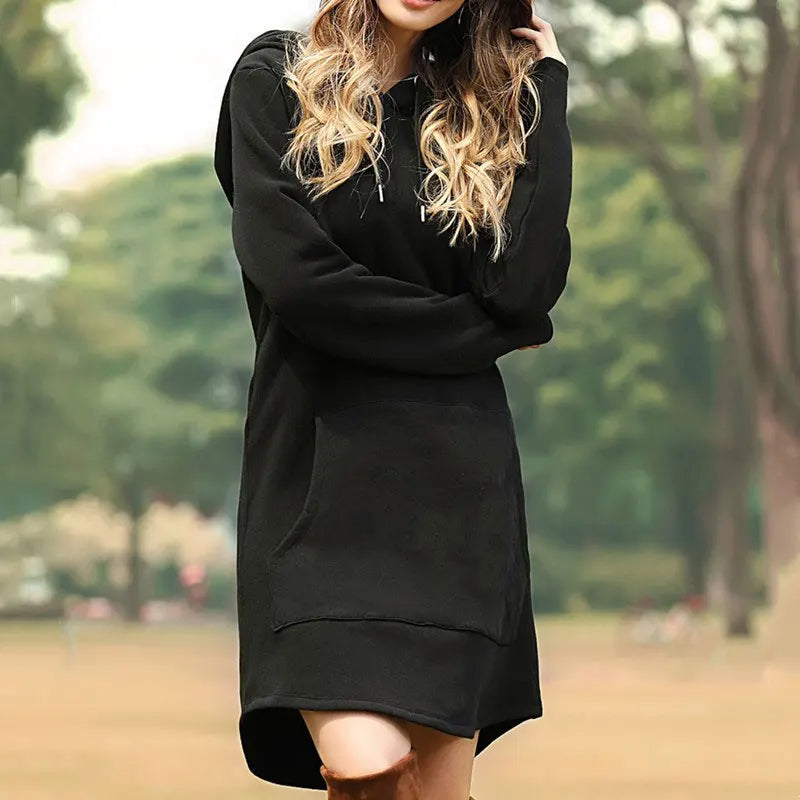 Women's black cocoon hoodie dress soft fleece A-line fit with relaxed hybrid silhouette
