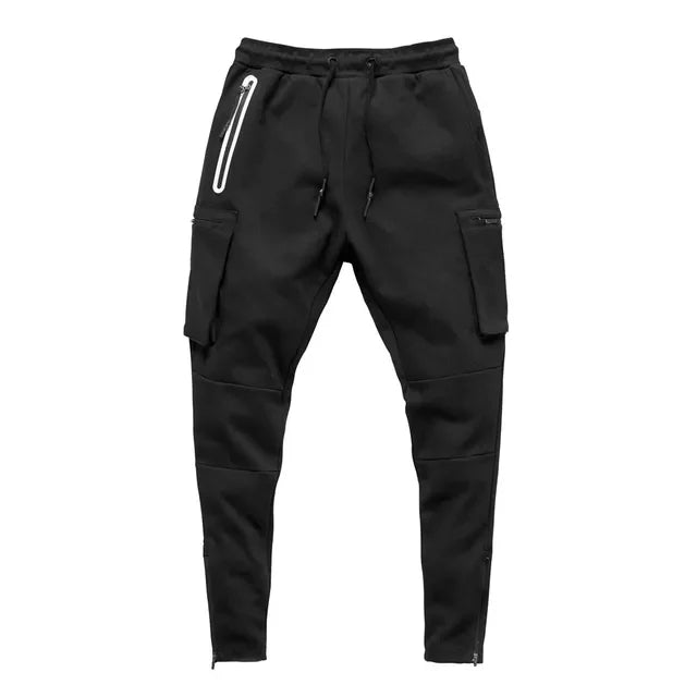 Black tactical cargo jogger with 4-way stretch fabric, zip pockets, and military-inspired slim fit