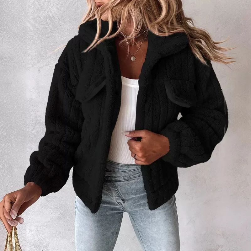 Women's cropped faux fur trucker jacket with ribbed knit texture, turn-down collar, and oversized pockets