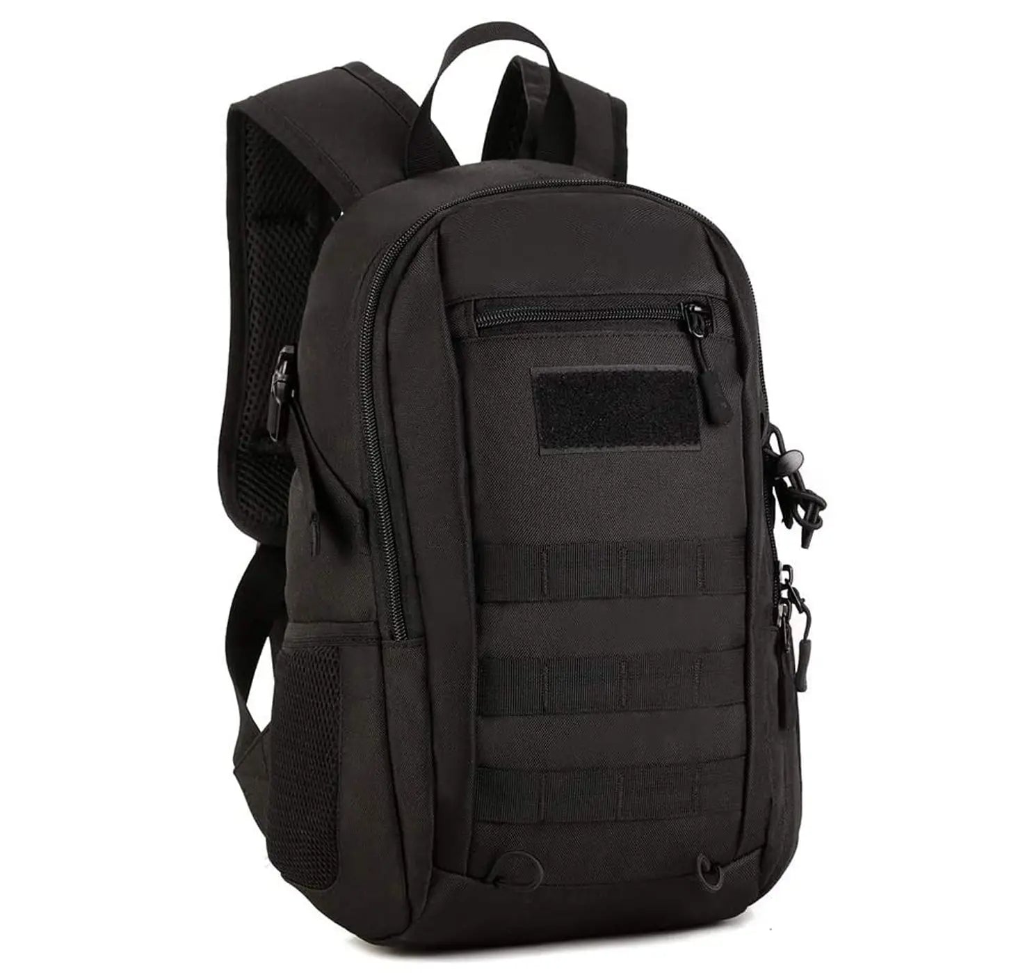 Men's structured tactical rucksack black durable MOLLE webbing outdoor adventure backpack