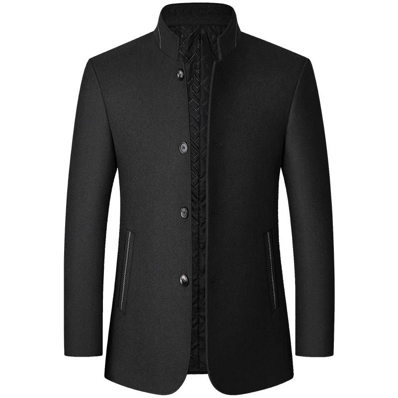 Men's winter trench coat with stand-up collar, button closure, clean sophisticated silhouette for everyday wear