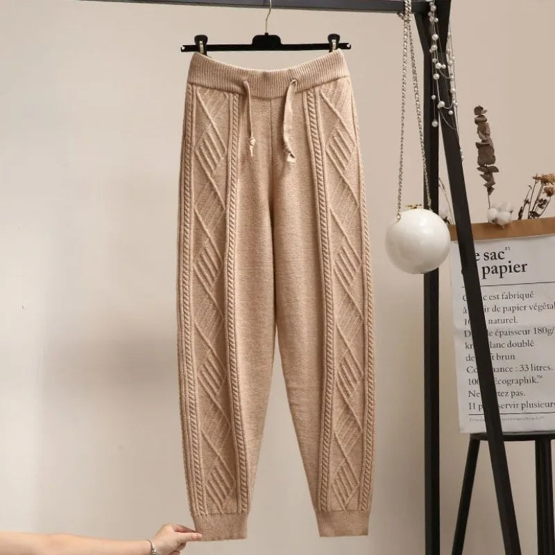 Women's gray diamond cable knit lounge jogger pants with drawstring waist relaxed fit