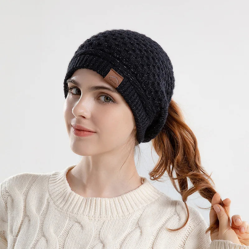 Women's slouchy textured knit wool beanie with ponytail opening, cozy warm soft casual fit