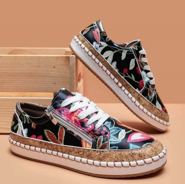 Women's white floral basket weave sneakers with zipper closure and arch support comfort design