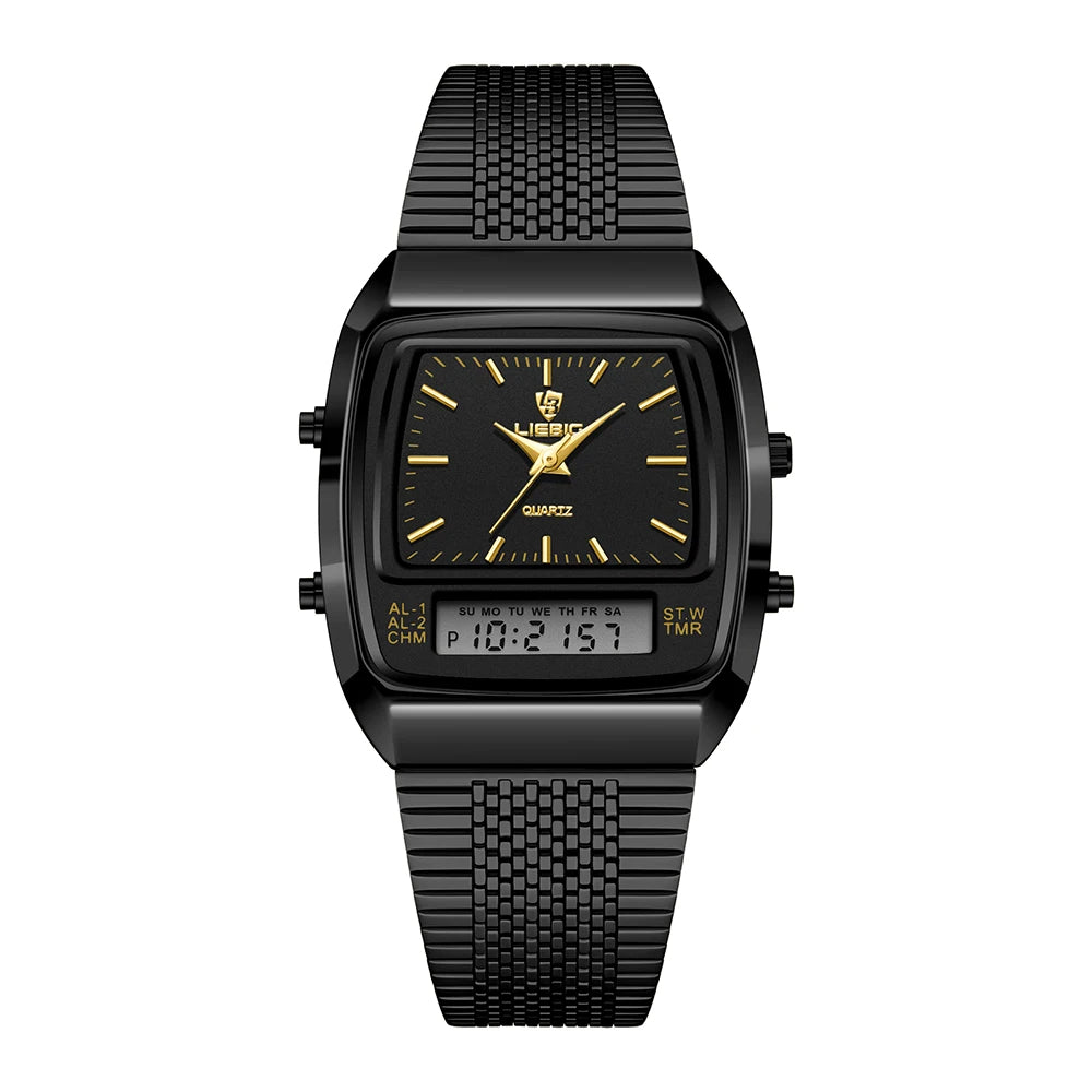 Legacy analog-digital hybrid luxury watch silver tone quartz movement dual alarm stopwatch day date display