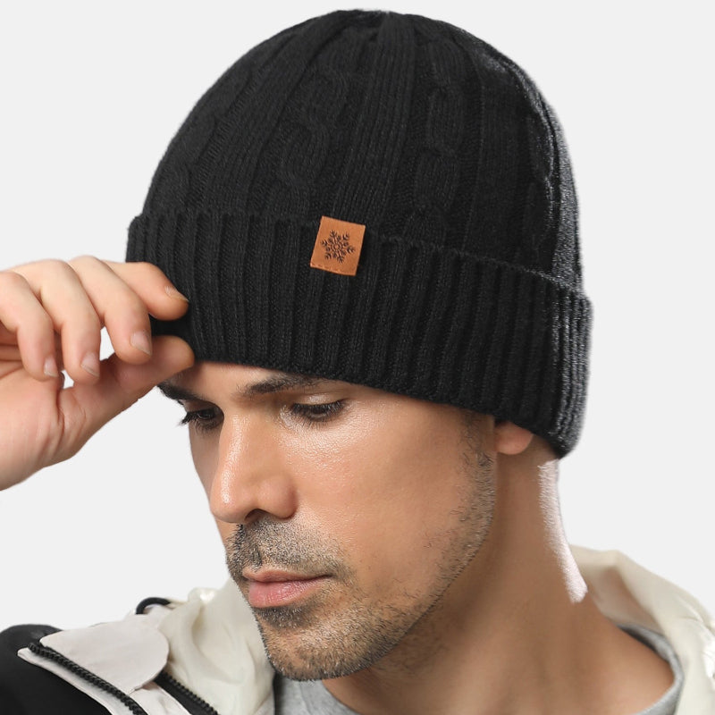 Navy blue men's ribbed knit beanie hat thick winter cap with snug cuff for outdoor wear