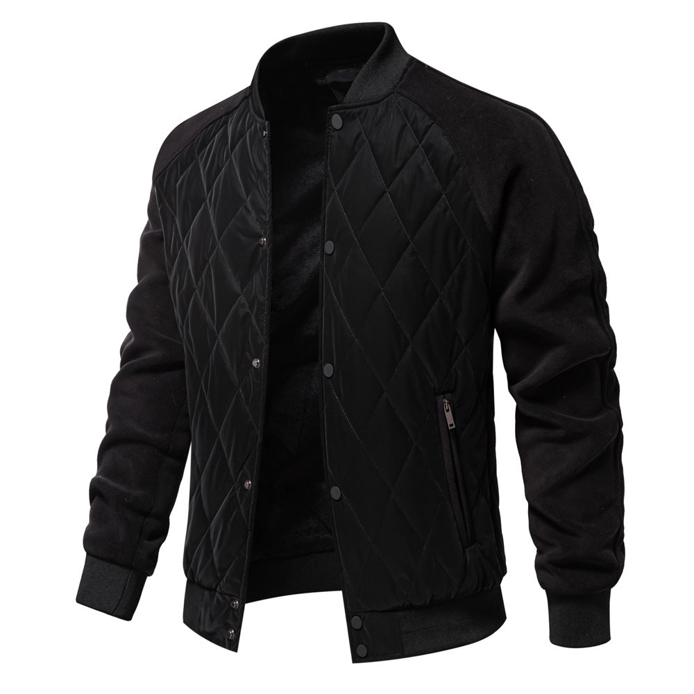 Men's olive quilted bomber jacket regular fit with ribbed collar, cuffs, and hip-length silhouette