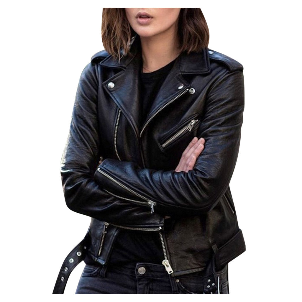 Women's black biker jacket asymmetric zipper belted waist sleek casual elegant slim fit