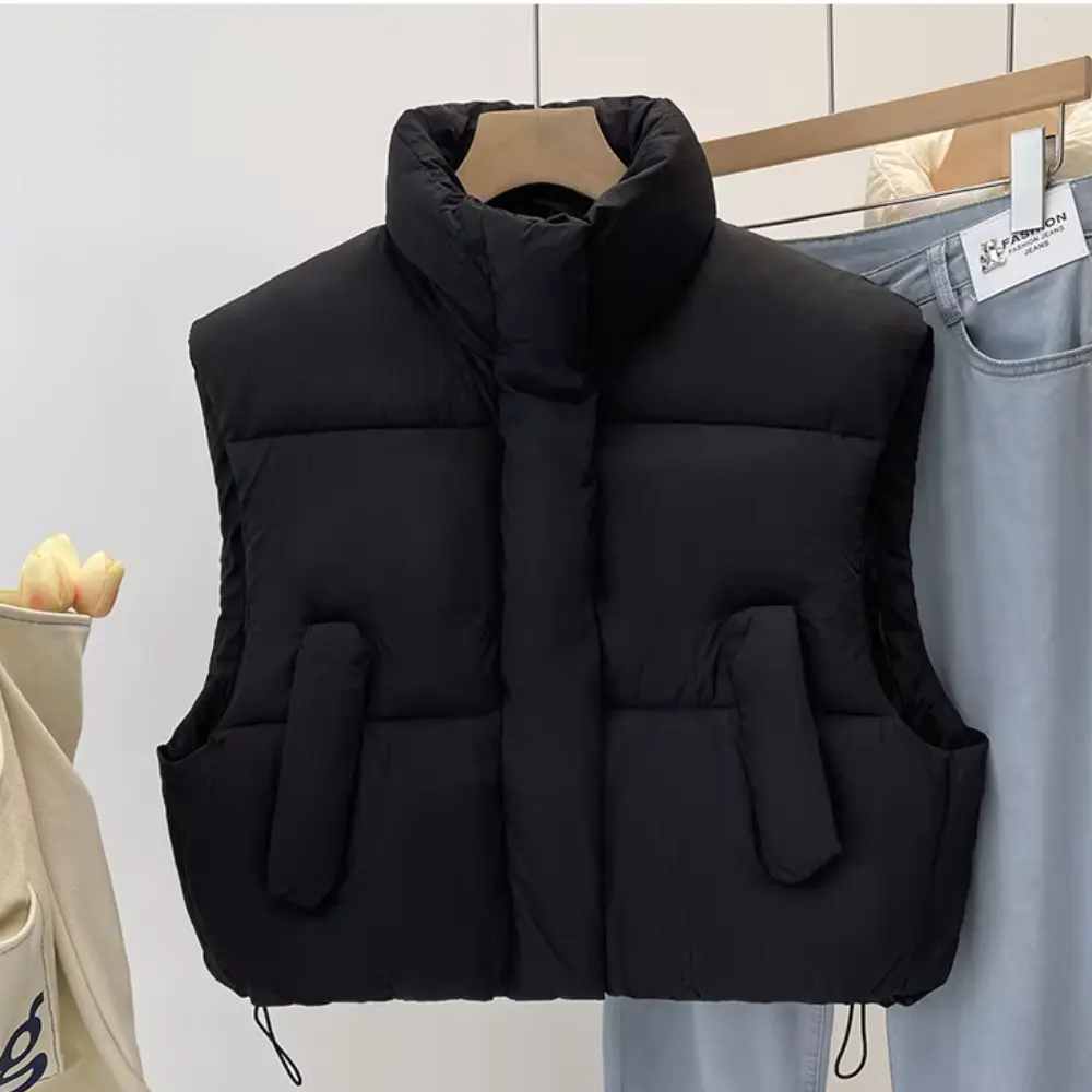Women's thick knit cropped vest sleeveless layering essential with two front pockets, cozy casual style