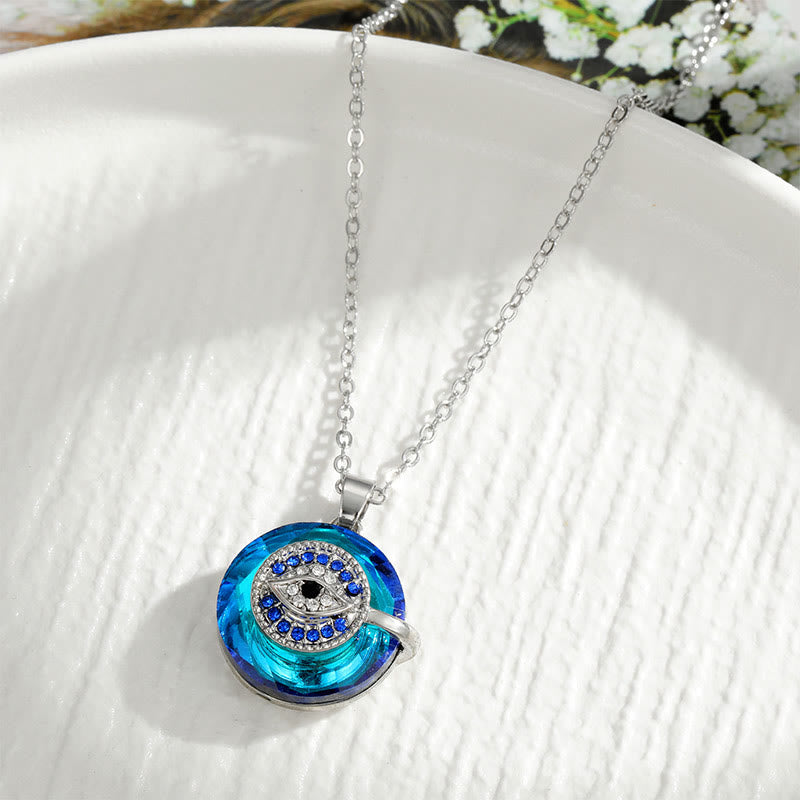 Silver evil eye protection necklace with blue accent stones, spiritual amulet jewelry gift for her