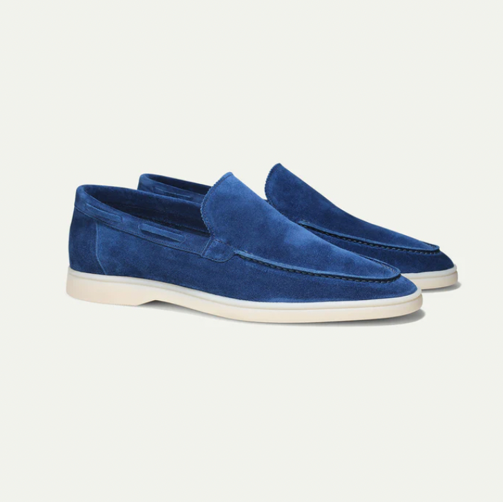 Men's suede leather loafers in neutral tone, slip-on smart-casual style with luxury comfort design