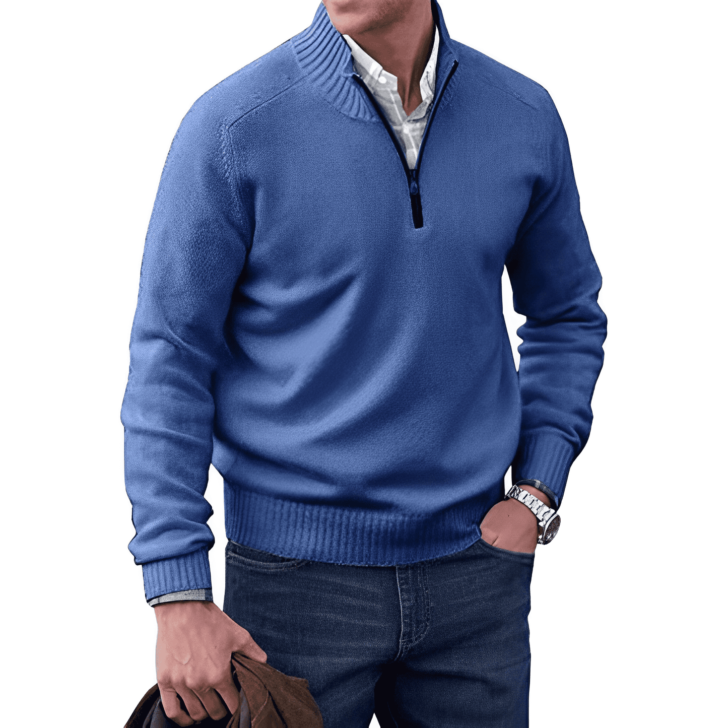 Men's half-zip casual knit sweater in neutral tone, tailored relaxed fit with polished collar detail