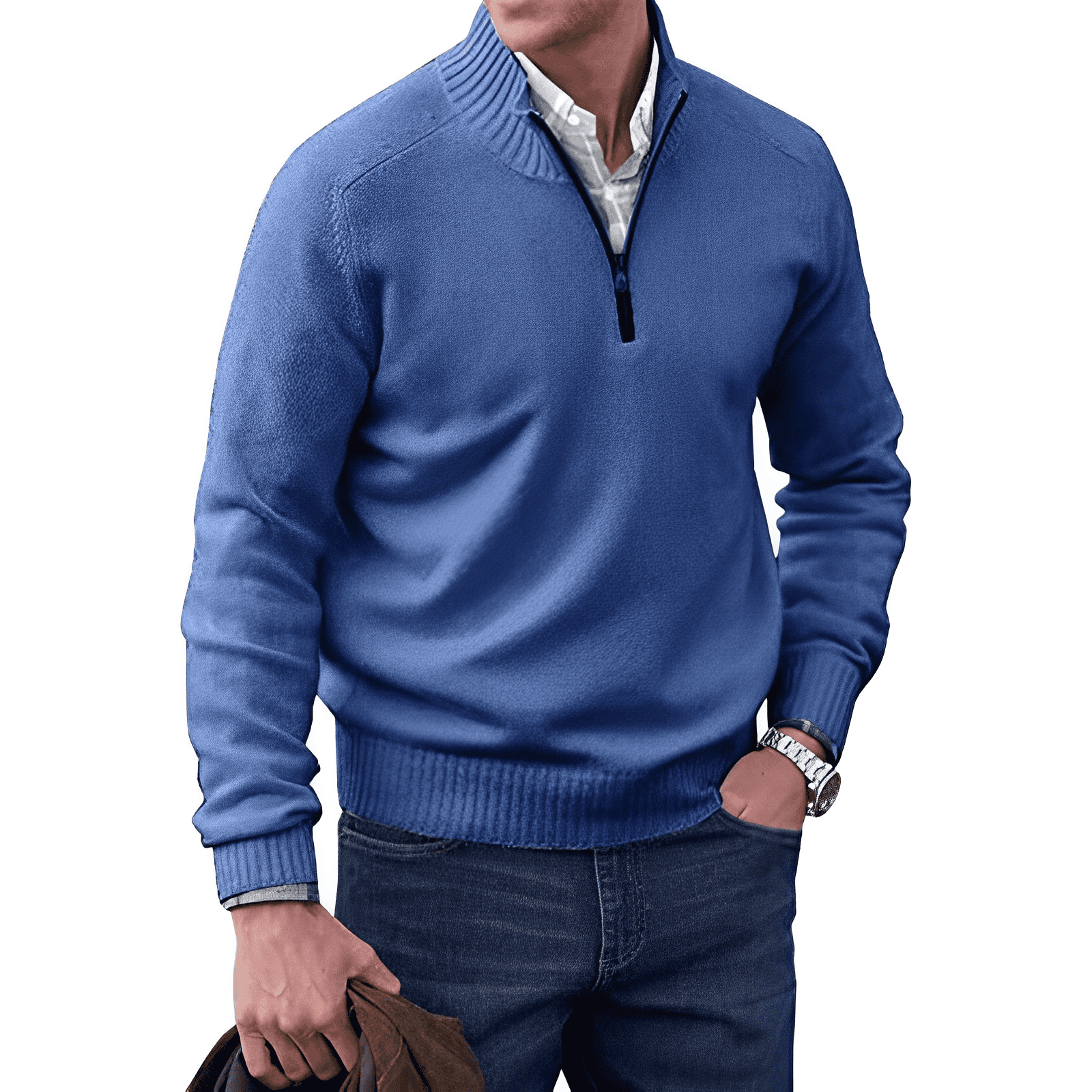 Men's half-zip casual knit sweater in neutral tone, tailored relaxed fit with polished collar detail