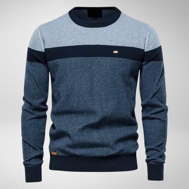 Men's colorblock crew neck knit sweater in bold contrast panels, premium fine knit smart casual style