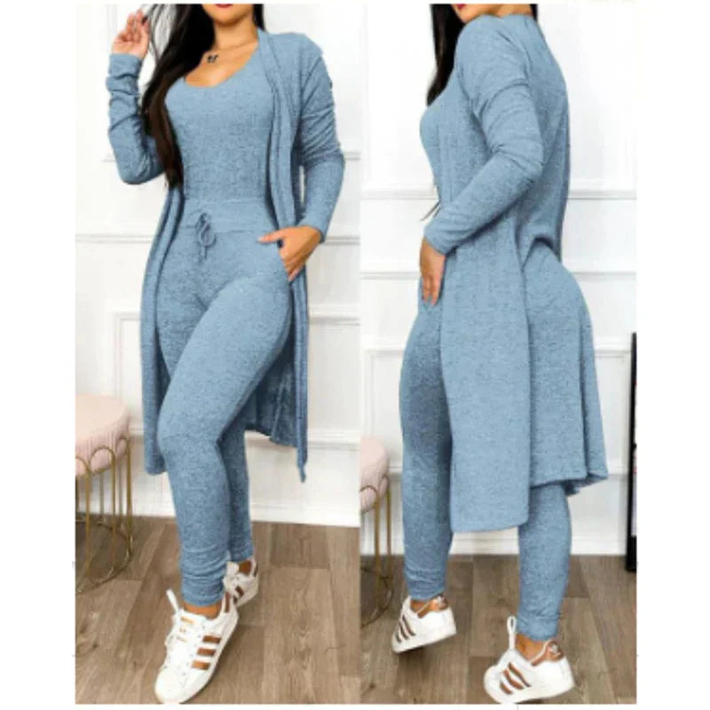 Women's black two-piece jumpsuit set with matching jacket, slim legging fit, sleeveless chic spring style