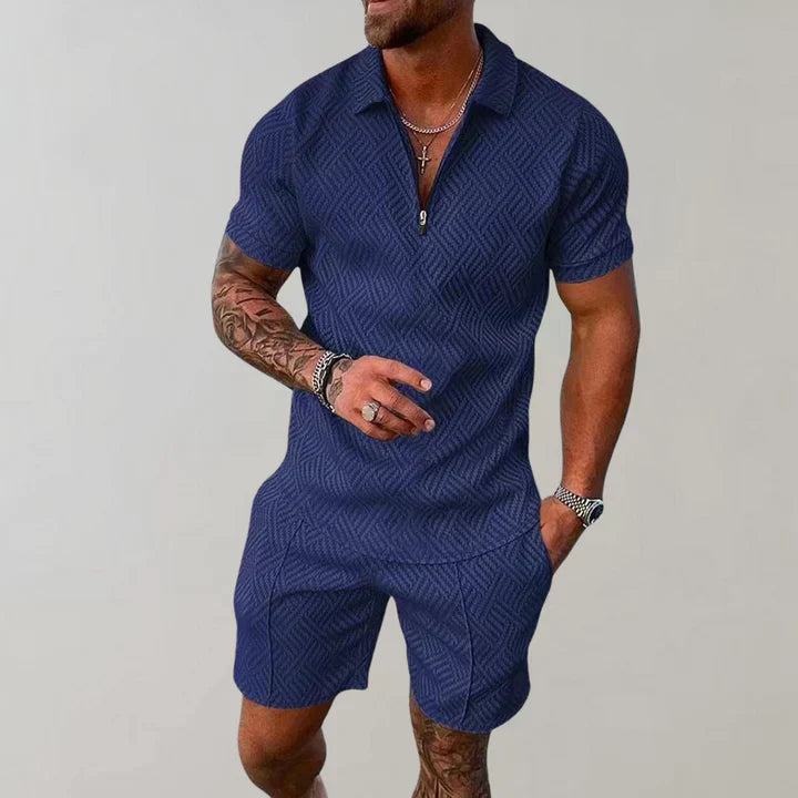 Men's cotton linen two-piece summer set slim-cut tee and shorts lightweight vacation casual wear