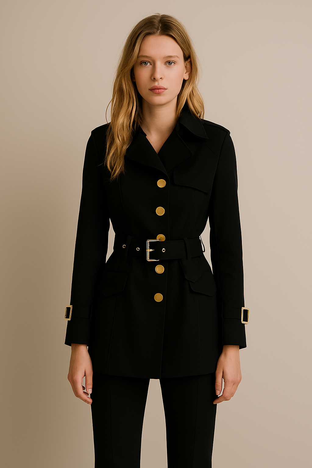 Women's classic short trench coat in neutral tone, tailored silhouette with adjustable waist belt