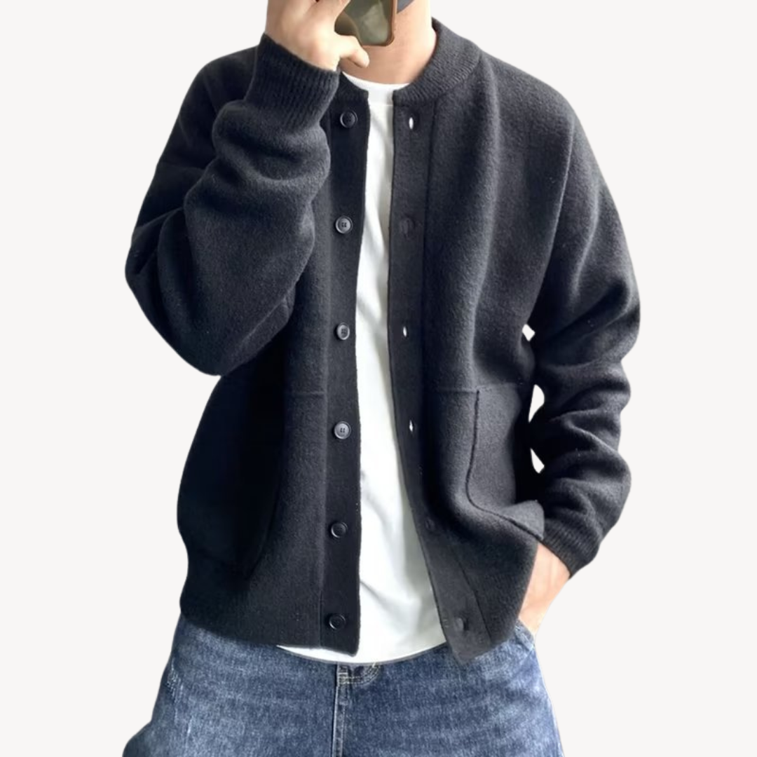 Men's relaxed fit wool blend cardigan with button closure, smart casual style for everyday comfort