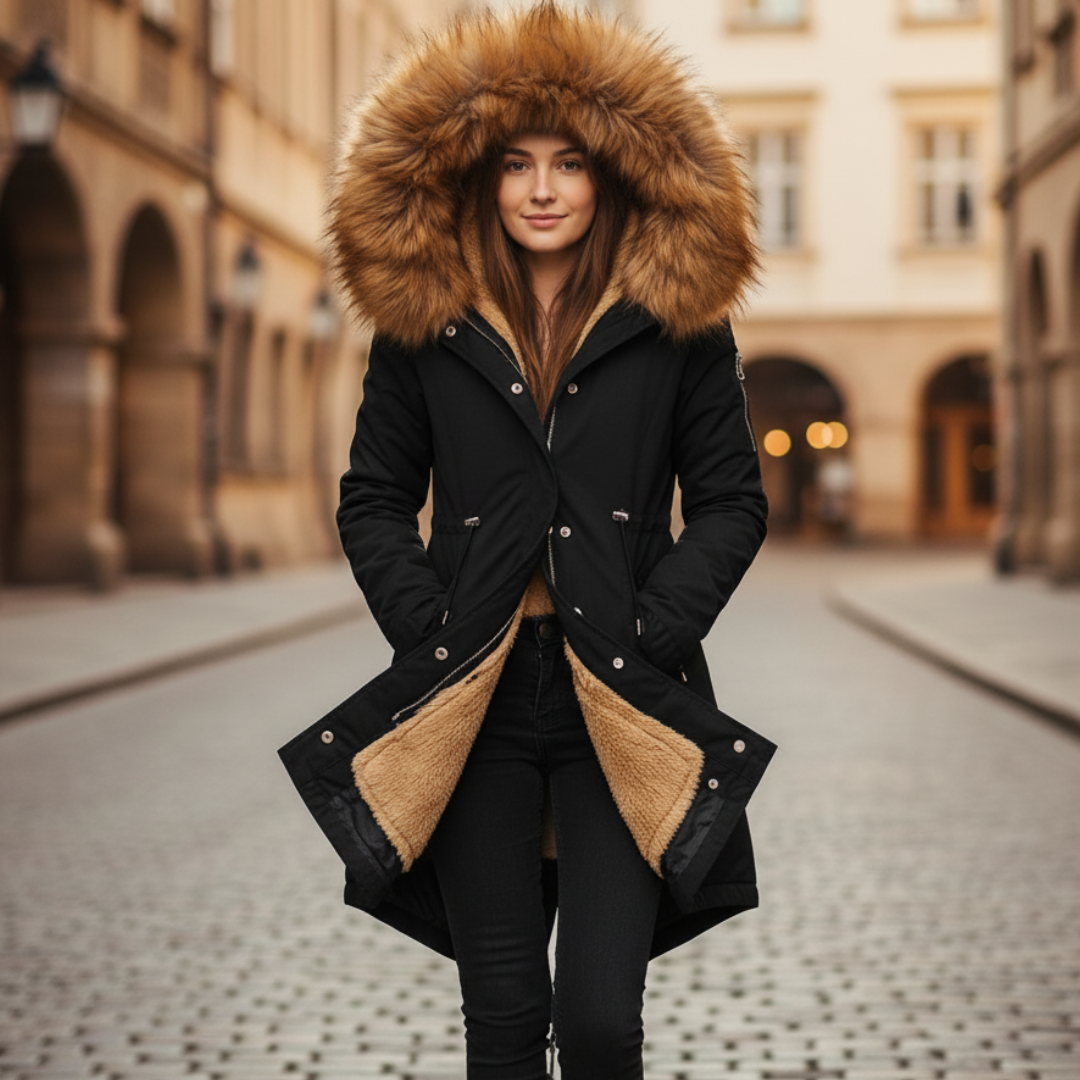 Women's hooded winter parka with faux fur trim, warm synthetic insulation, cold weather coat