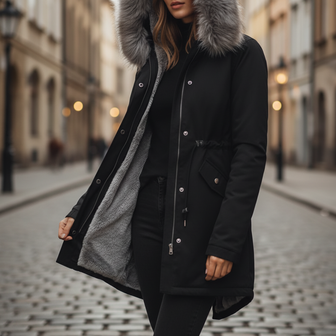 Women's winter parka hoodie with faux fur trim, warm synthetic insulation, cold weather coat