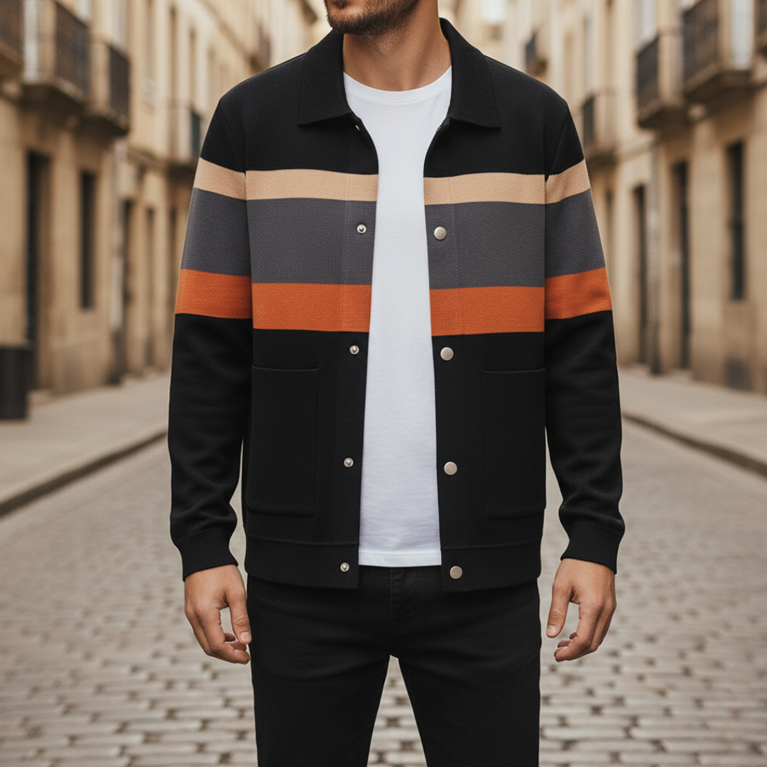 Men's checkered cardigan with collar, soft knit stripe design in blue orange green cream casual winter wear