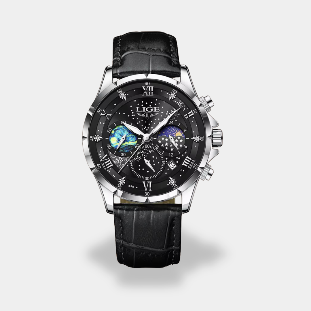 Men's chronograph watch brown leather strap steel case stopwatch elegant professional timepiece